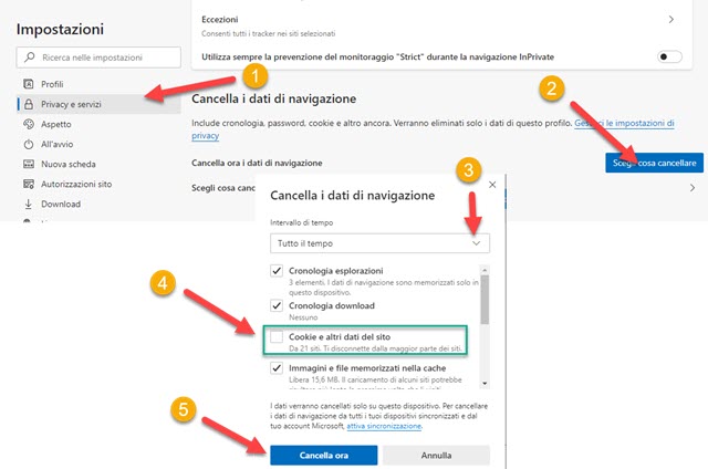 cancellare i dati di navigazione di microst edge