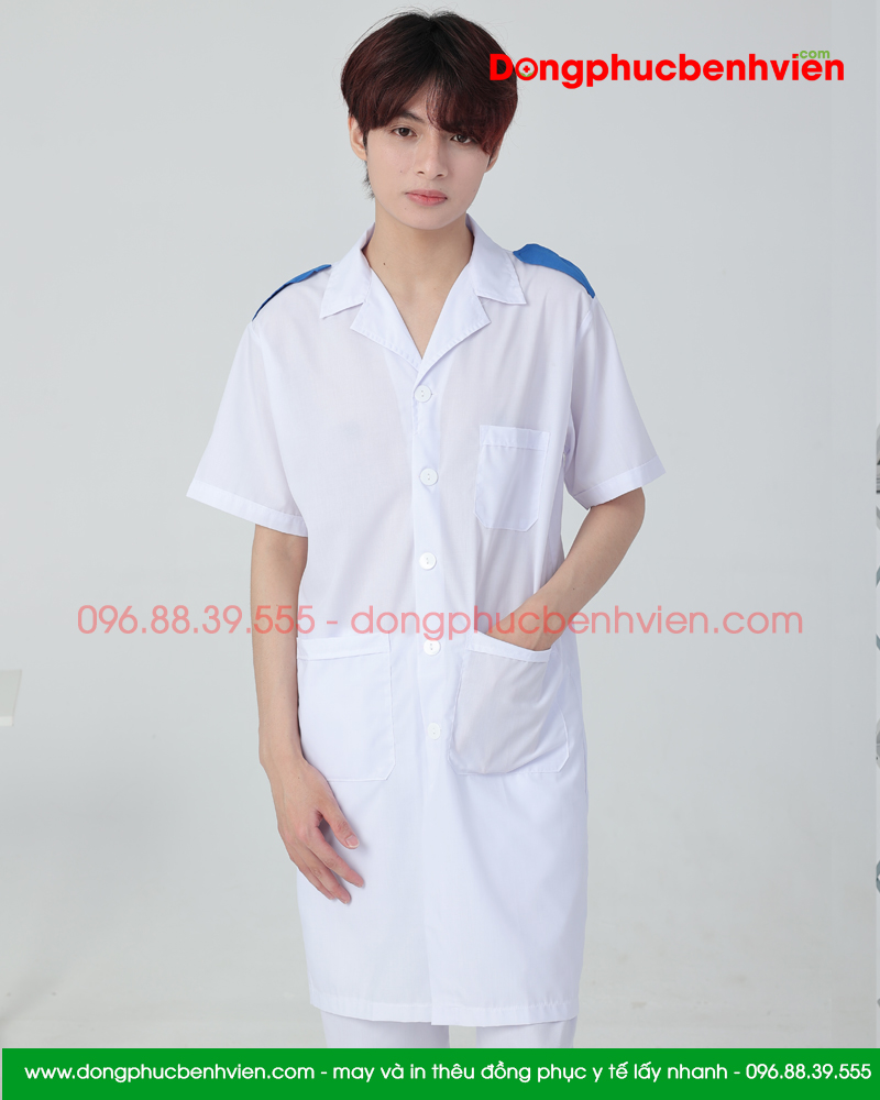 Áo blouse trắng thực tập sinh - Áo choàng bác sĩ có cầu vai nam nữ dáng dài