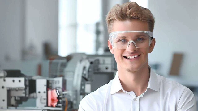 A mechanical engineering student wears a protection glass in the experiment lab.