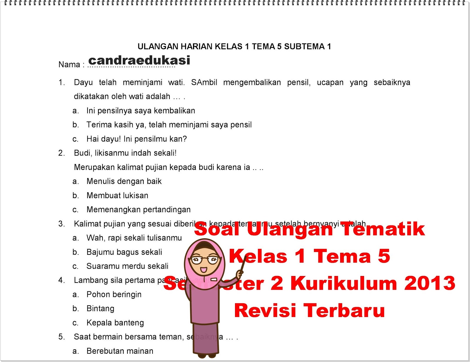 Soal Ulangan Tematik Kelas 1 Tema 5 Semester 2 Kurikulum 2013