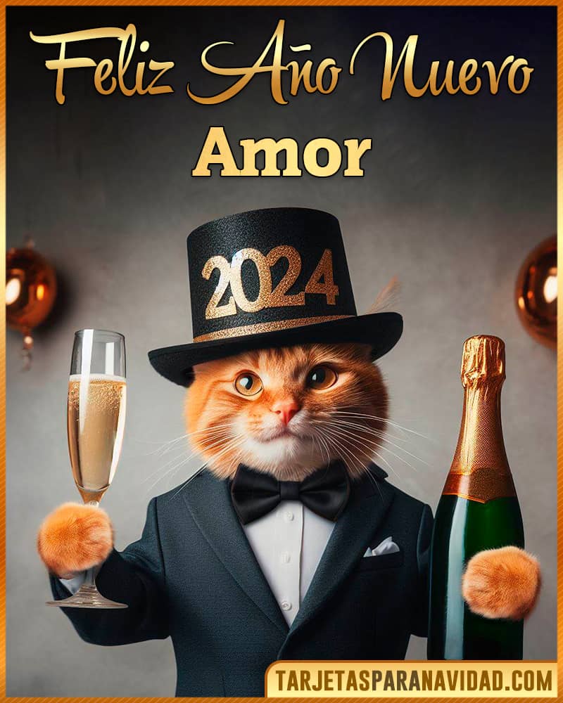 Tarjeta De Feliz Año Nuevo De Gato Champagne Para Amor