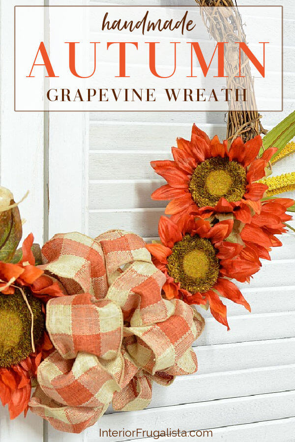 An easy orange sunflower fall wreath DIY idea in bright traditional autumn colors and a recycled grapevine wreath, a budget-friendly fall door wreath. #fallwreath #falldoorwreath #autumnwreath