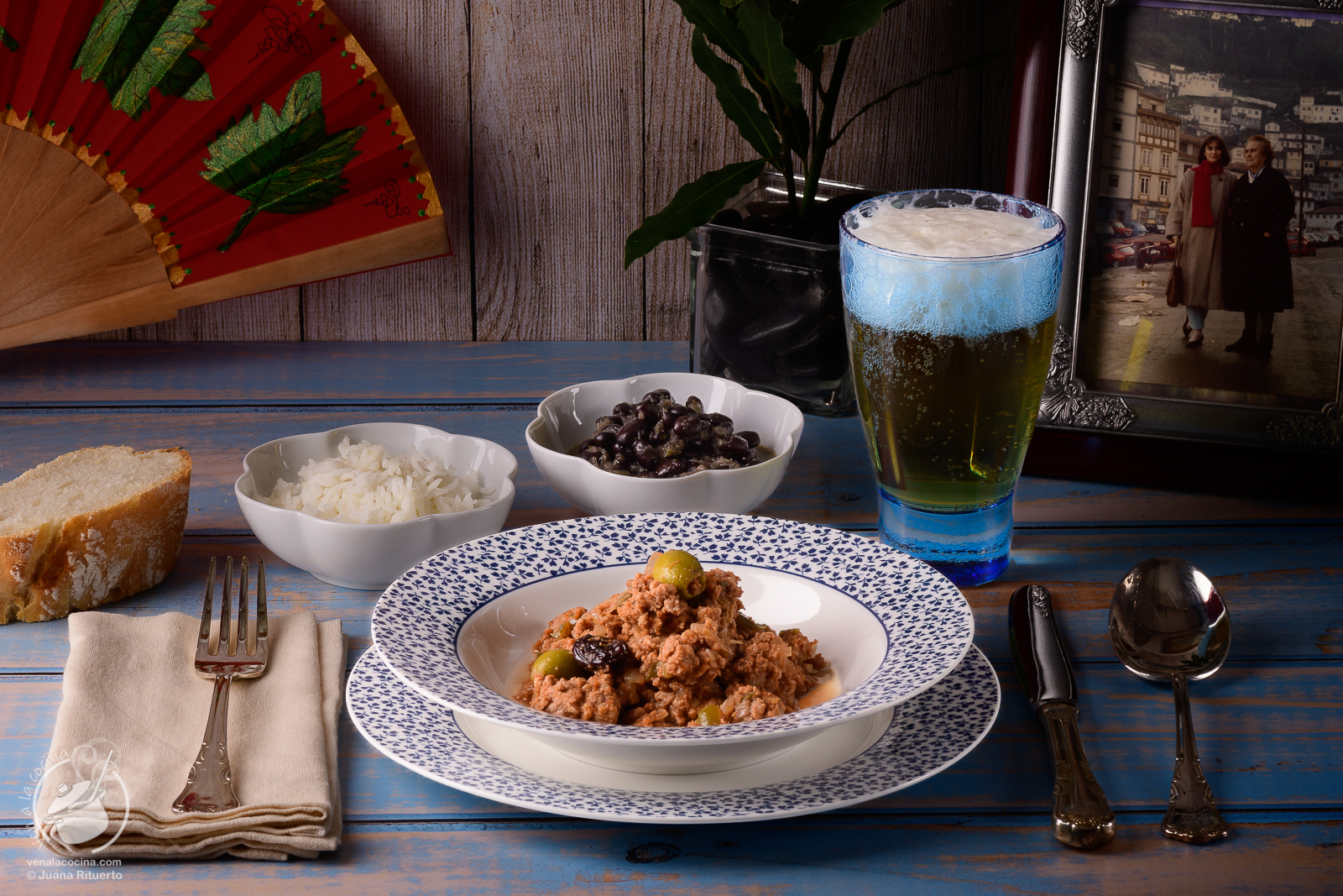 Habanero picadillo with rice and black beans. Cuban recipe