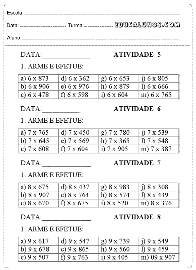 Atividades De Multiplicacao 5 Ano So Escola