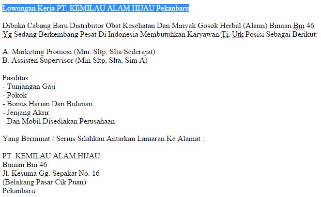 Lowongan Kerja PT. KEMILAU ALAM HIJAU Pekanbaru