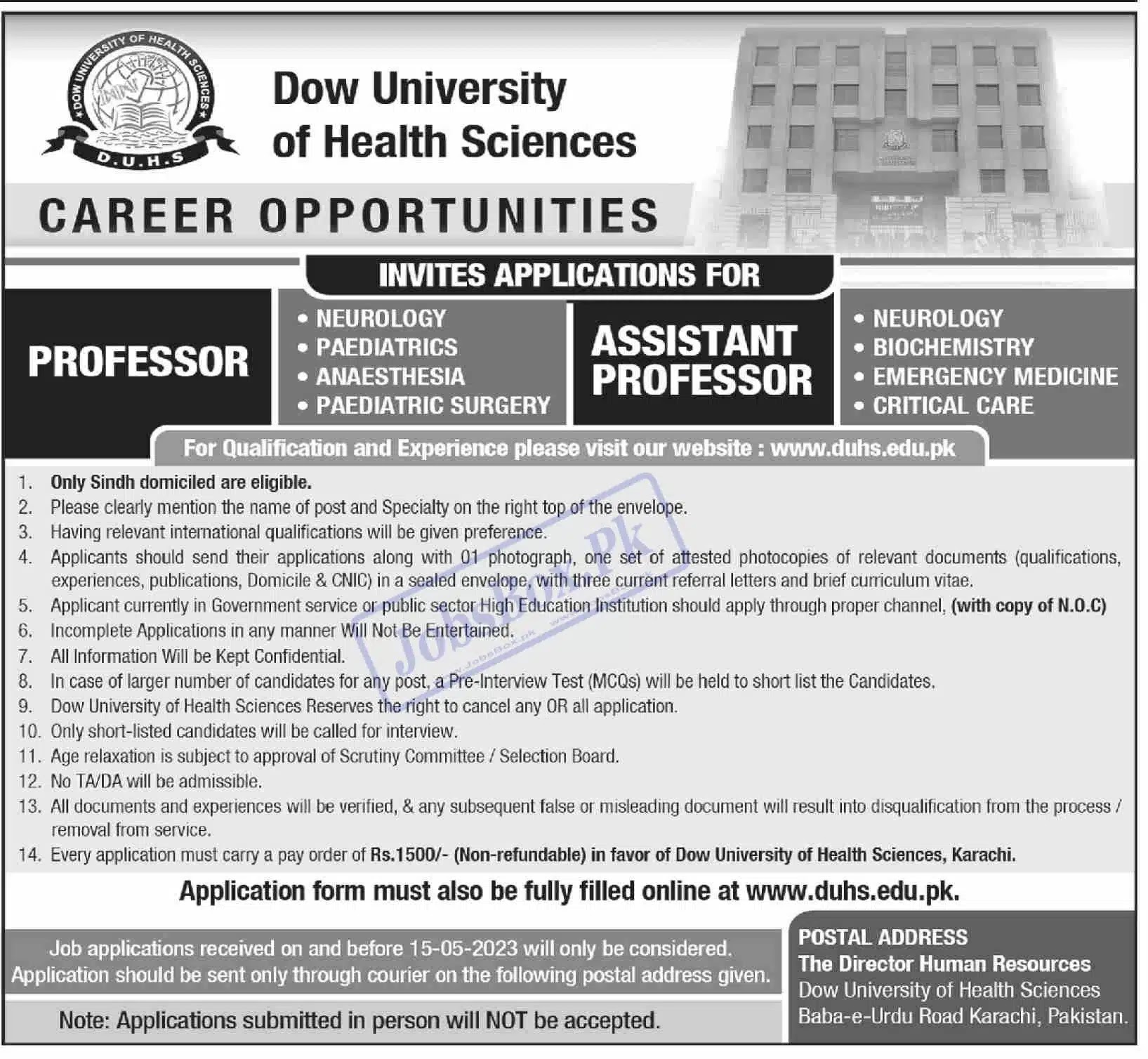 Dow University of Health Sciences DUHS Jobs 2023 – www.duhs.edu.pk