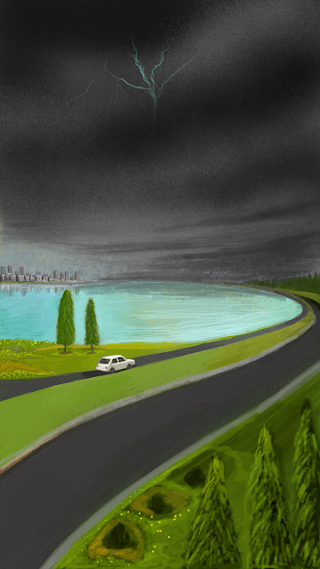 Dynamic Mobile Art: Car Speeding Towards Rain-Drenched City in Thunderstorm