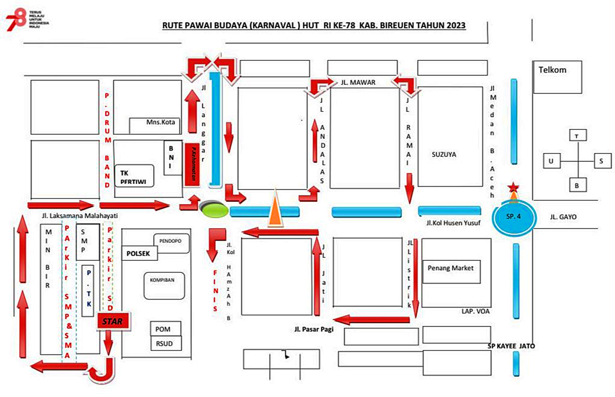 Rute Pawai Karnaval HUT RI Ke-78 yang akan diselenggarakan oleh Pemkab Bireuen pada Sabtu (19/08/2023). (Foto: Dok. Pemkab Bireuen).