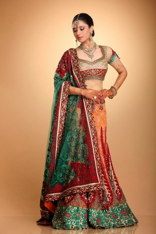 ORANGE GREEN LEHENGA WITH GREEN DUPATTA