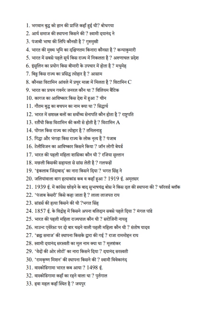 1000 Most Important Gk In Hindi Question Answer Competitiveexambook