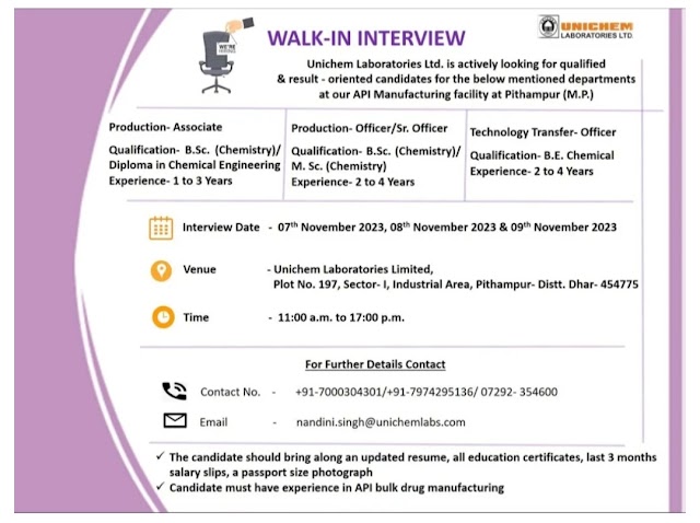 Unichem Laboratories Ltd | Walk-in interview on 7th, 8th & 9th Nov 2023