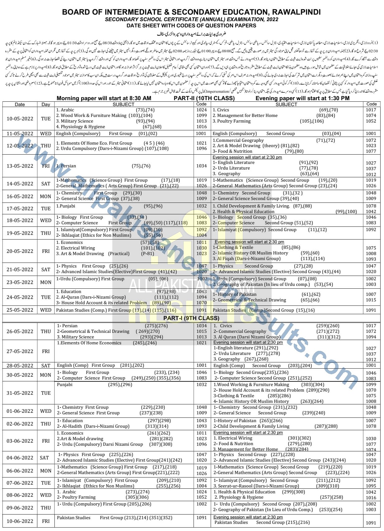 BISE Rawalpindi Date Sheet 9th & 10th Class 2022 Annual Exam