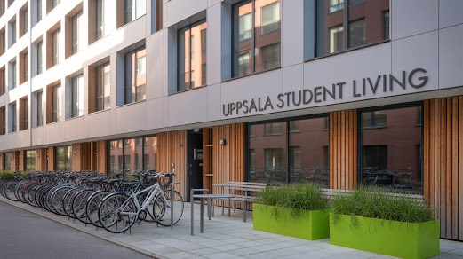 "Modern student apartments near Uppsala University with shared spaces, internet access, and bike storage facilities."