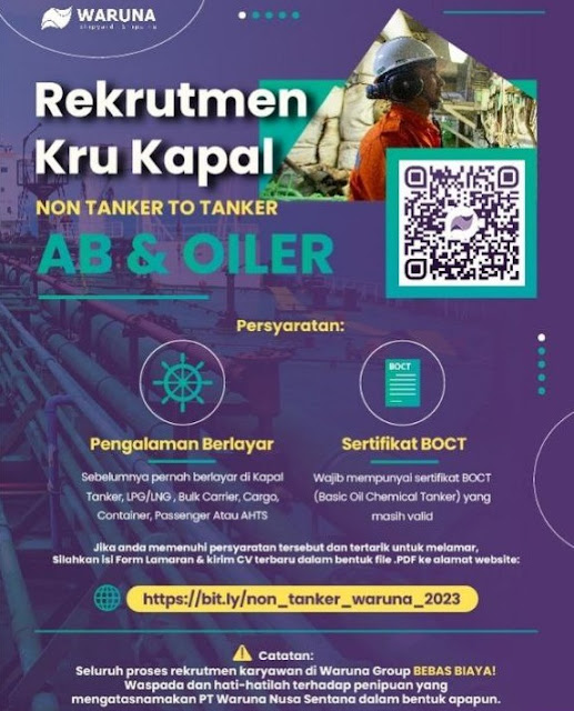 Rekrutmen Kru Kapal AB Oiler Waruna Agustus 2023