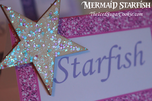 Mermaid Under The Sea Birthday Party Food Label Tent Cards and Wooden Stars -TheIcedSugarCookie.com DIYBirthdayBlog.com