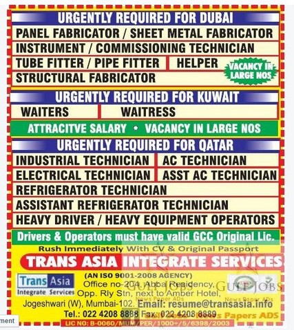 Dubai, Qatar & Kuwait large job vacancies 