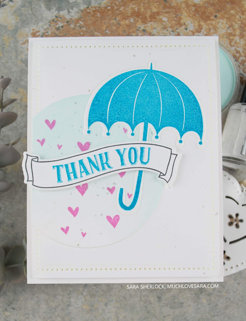 Handmade thank you card featuring Flower Shower Stamp Set & Die bundle from Fun Stampers Journey.  Blended PanPastel background.  By Sara Sherlock - www.muchlovesara.com