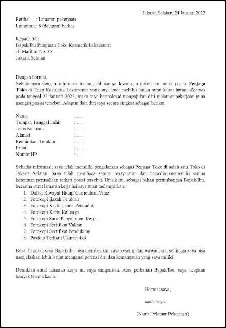 Contoh Application Letter Penjaga Toko Yang Sudah Berpengalaman Berdasarkan Informasi Dari Media Cetak