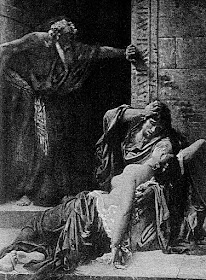 The Levite's concubine has fallen down at the door of the house, and her hands were upon the threshold. When she does not respond he took her up upon an ass.