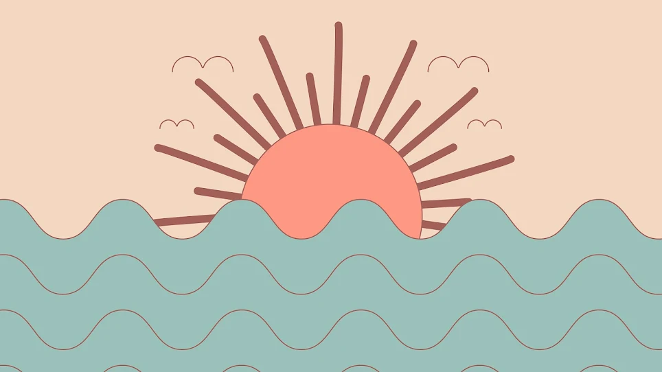 Minimalist design wallpaper of a stylized sunset with half-sunken sun behind wavy ocean lines on a peach background.