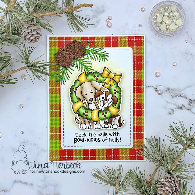 Bow-Wows of Holly Christmas Card by Tina Herbeck | Wreath Pups Stamp Set, Christmas Time Paper Pad, and Pines & Holly Die Set by Newton's Nook Designs #newtonsnook #handmade