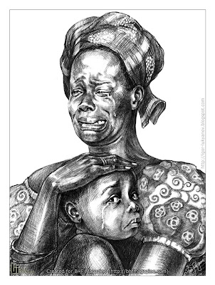 Portrait d'une femme africaine qui pleure avec son enfant malheureux