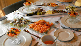 Smoked salmon, salt herrings, pickles, prawn cocktail, salads