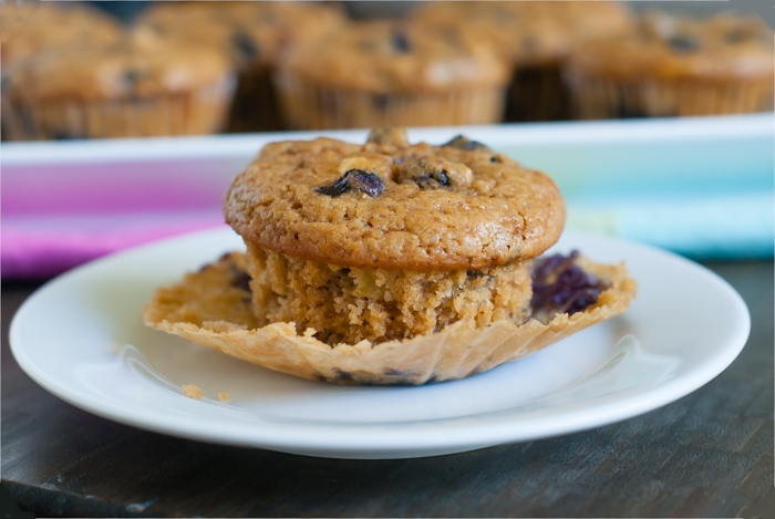 Peach Blueberry Muffins, wrapper peeled