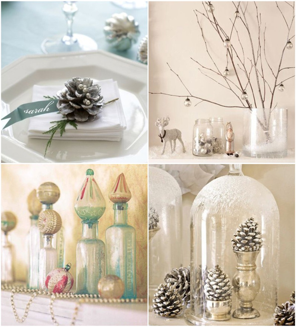 From glittered pine cones as place cards or under cloches and wild branch 