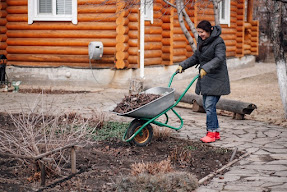 A woman in a coat and hat pushing a wheelbarrow full of yard debris toward a garden bed.