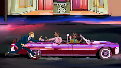 Three people and a pink convertible. Detail from the book cover of Most Famous Short Film of All Time. Author: Tucker Lieberman. Cover artist: Cel La Flaca.