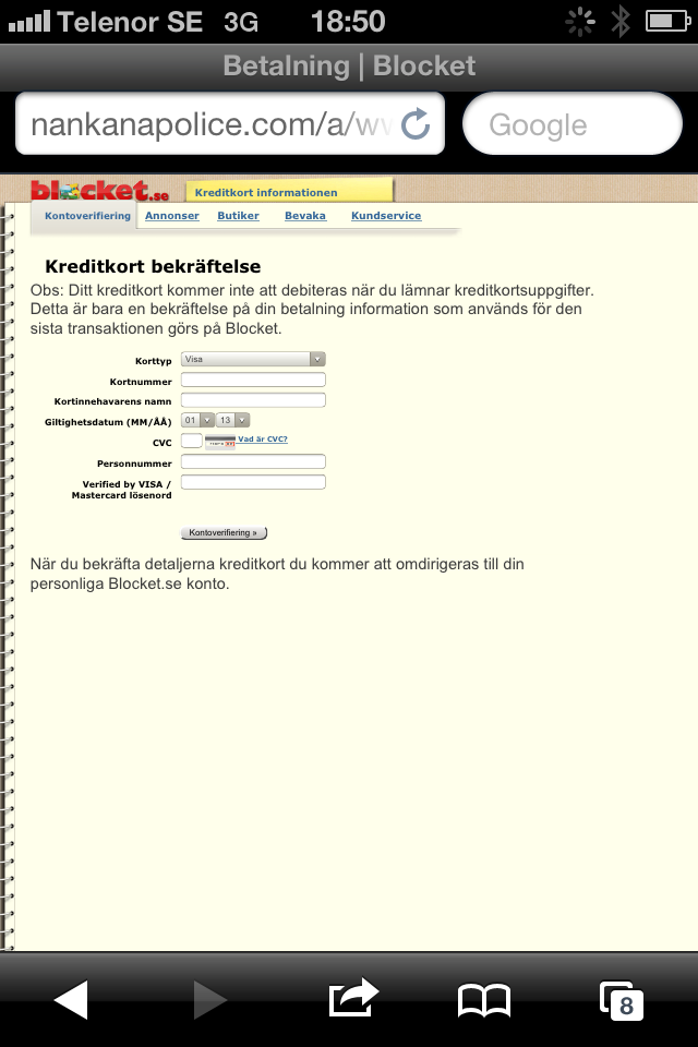 Betala blocket annons med kreditkort