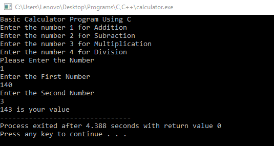 Calculator Program using Switch statement in C