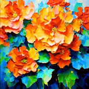 Floral-oil-painting-abstract-artwork-splash-color-begonia-blooming-picture-in-orange-and-green-colours