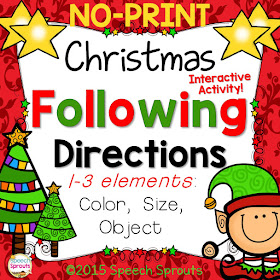 Learn how to use No-Print Activities in speech therapy on your I-Pad or computer like this Christmas Following Directions activity. Portable and no-prep materials that make organization easy. Terrific with toddlers, preschool and autism students. #speechsprouts #speechtherapy #noprint www.speechsproutstherapy.com