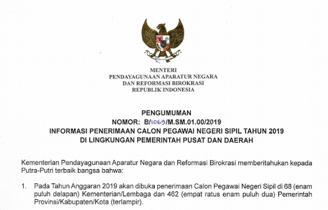 Pengumuman Penerimaan CPNS tahun 2019