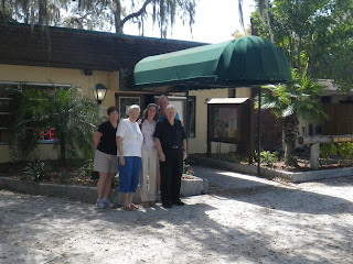 Ready for lunch, at the entrance to the Linger Lodge Restaurant.