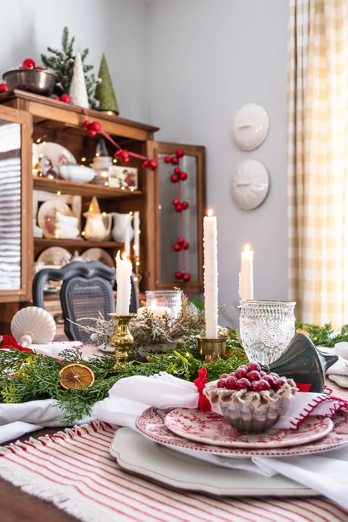 Christmas table, pine hutch, beige check curtains