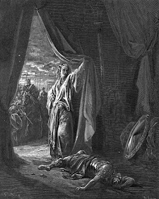 A grisly narration of Sisera’s death at the hands of Jael. Debora agrees to accompany Barak to war but tells Barak that because he will not go without her, the Lord will hand Sisera over to a woman and he will be denied the honor of victory.