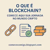 Ilustração conceitual da tecnologia blockchain com blocos conectados digitalmente, representando descentralização e segurança.