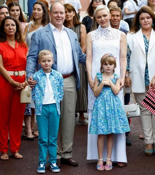 Princess Gabriella wore a liberty print dress by Jacadi, Prince Jacques wore a liberty print shirt by Jacadi. Akris lace tunic