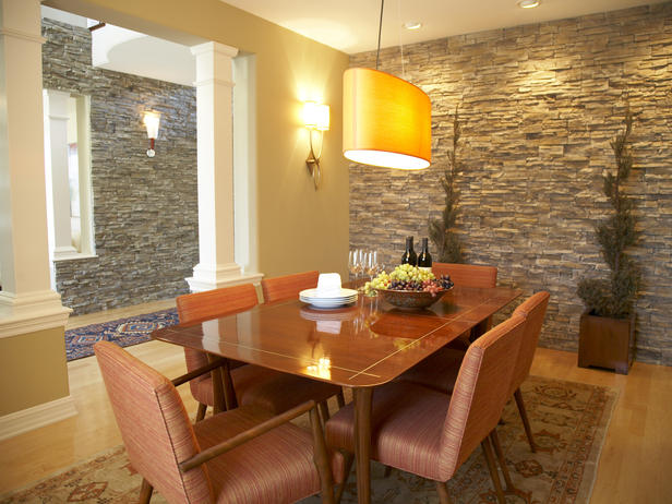 Dining Room with Stone Wall