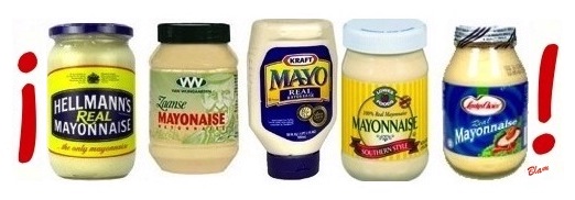 five jars of different brands of mayonnaise