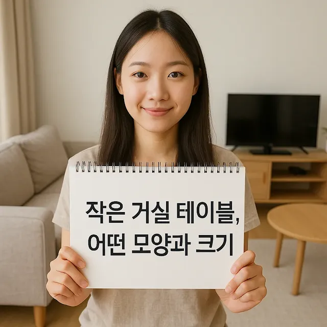 한국의 거실을 배경으로 20대 한국 여성이 "작은 거실 테이블, 어떤 모양과 크기"라는 검정 글씨가 적힌 스케치북을 들고 있는 모습.