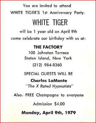 White Tiger 1 year anniversary invite at The Factory rock club April 1979. My second stomping ground right after The Rock Palace!