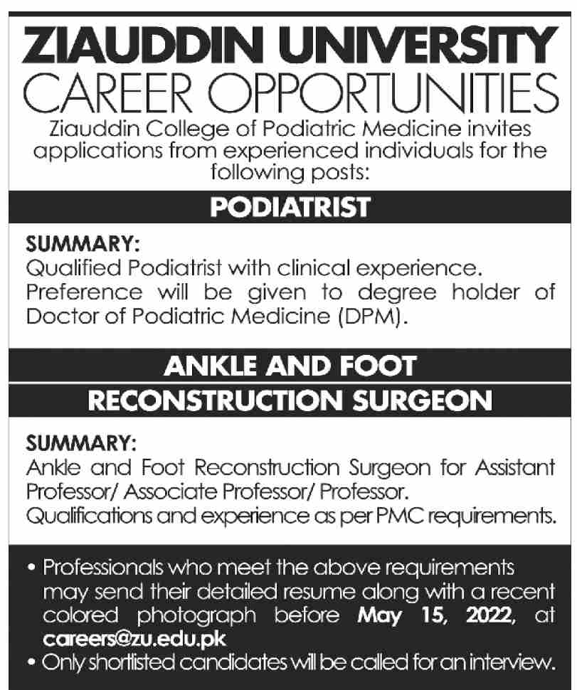Latest Ziauddin University Medical Posts Karachi 2022