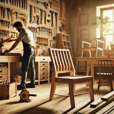 Home woodworking setup showcasing a craftsman working on a wooden project using detailed woodworking plans. The well-lit workshop features organized tools and wood pieces on a bench, with a partially completed furniture piece in progress.