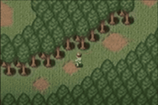 Shows fantasy boy in 16 Bit Graphics with Trees above and below him and also green grass here with sand patches here