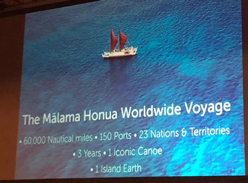 Chad Baybayan, U. of Hawaii, describes the Malama Honua worldwide canoe voyage at AAS 235 (Source: Palmia Observatory)