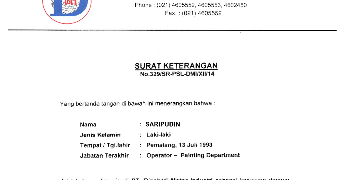 CONTOH SURAT KETERANGAN TIDAK LAGI BEKERJA DIPERUSAHAAN 